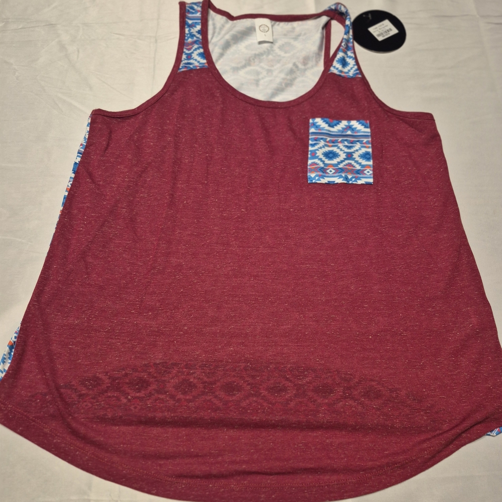 Women's Burgundy Tank Top with Patterned Pocket Aztec Design. New With Tags.
